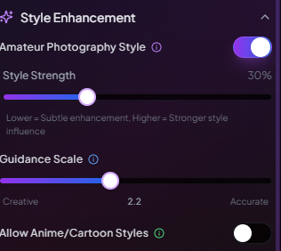 Amateur photography style settings